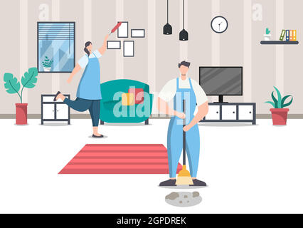 Servizio di pulizia. Illustrazione Cartoon di Vector Flat Design Illustrazione Vettoriale
