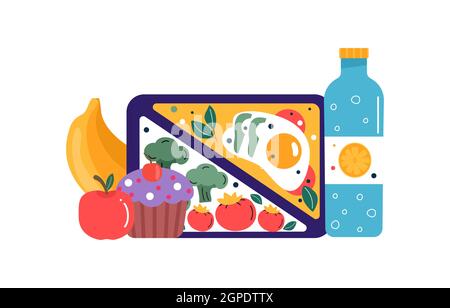 Set di icone per colazione o pranzo. Cibo, bevande per bambini, pranzo a sacco con pasto, hamburger, sandwich, succo di frutta, snack, Frutta, vegetali.V Illustrazione Vettoriale