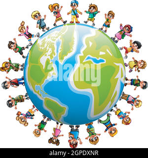 Felice gruppo di bambini in piedi in tutto il mondo Illustrazione Vettoriale