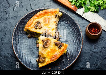 Torta con manzo tritato e funghi su piatto Foto Stock