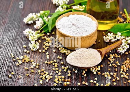 Farina di grano saraceno da cereali marroni in un cucchiaio, farina di grano saraceno da semole verdi in un recipiente, olio in un vaso di vetro, fiori freschi e foglie su legno scuro Foto Stock