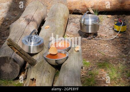 Campeggio alimentare fare. Zuppa sul bruciatore a gas turistico. Camper che prepara cibo nella foresta. Foto Stock