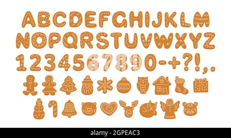 Alfabeto di biscotti di pan di zenzero con glassa. Lettere cartoni animati, numeri e segni per Natale o Capodanno. Biscotti di festa del pan di zenzero disegnati a mano Illustrazione Vettoriale