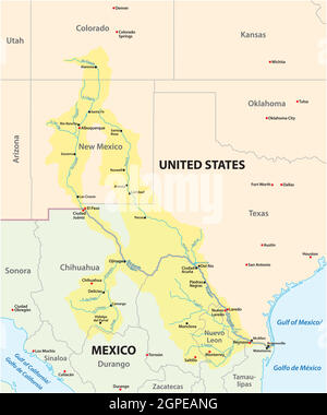 Mappa del Rio Grande, Rio Bravo Drainage Basin, Messico, Stati Uniti Illustrazione Vettoriale