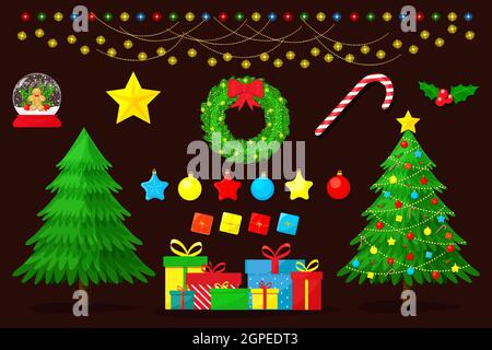 Set di albero di Natale, luci, regali, ornamenti e decorazioni. Illustrazione vettoriale piatta. Illustrazione Vettoriale