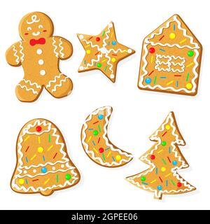 Set di biscotti di pan di zenzero di Natale isolato su bianco. Decorate con glassa e caramelle. Illustrazione vettoriale piatta. Illustrazione Vettoriale