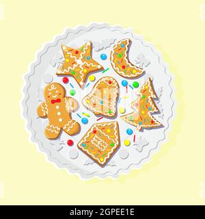 Piatto con biscotti di Natale con pan di zenzero. Illustrazione vettoriale piatta. Illustrazione Vettoriale