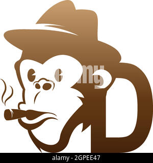Logo icona testa scimmia con disegno modello lettera D. Illustrazione Vettoriale