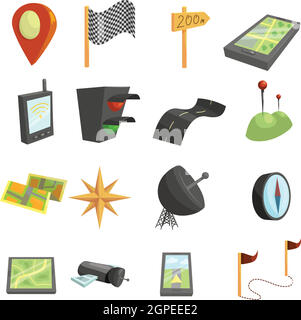 Navigazione GPS set di icone, stile cartoon Illustrazione Vettoriale