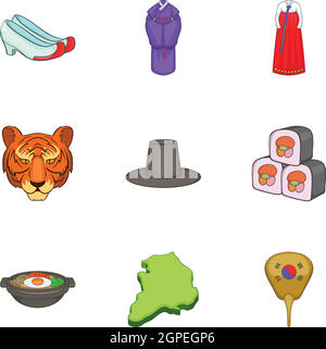 Turismo in Corea del Sud set di icone, stile cartoon Illustrazione Vettoriale
