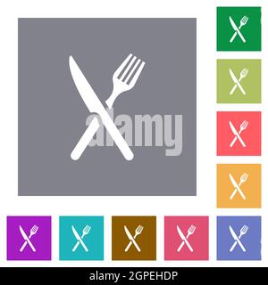 Forche e coltelli in posizione incrociata icone piatte su Simple colore sfondi quadrati Illustrazione Vettoriale