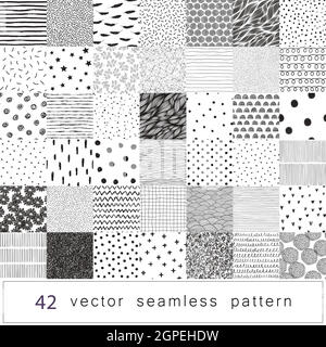 Set di texture disegnate a mano senza cuciture in bianco e nero per sfondi, con punti, cuore, memphis, fiori a righe. Vettore geometrico monocromatico il Illustrazione Vettoriale