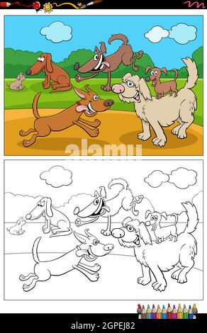 cartoon divertente cani e cuccioli gruppo colorare pagina libro Illustrazione Vettoriale