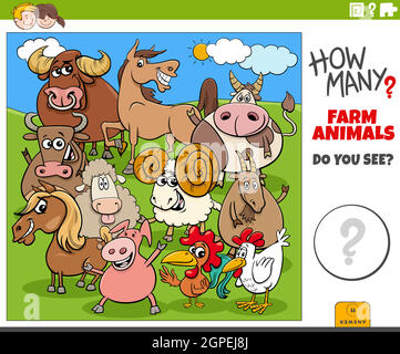 quanti animali da fattoria gioco di cartoni animati educativi per i bambini Illustrazione Vettoriale