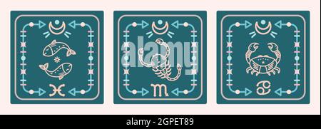 Un insieme di mappe vettoriali con segni d'acqua dello zodiaco. Schede astrologiche. Illustrazione Vettoriale