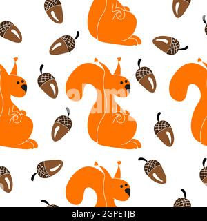Divertente scoiattolo con motivo senza cuciture arcon su sfondo bianco. Illustrazione Vettoriale
