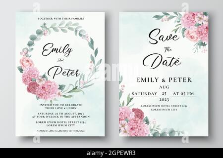 Modello di invito di nozze con acquerello hydrangea e fiori di rose Illustrazione Vettoriale