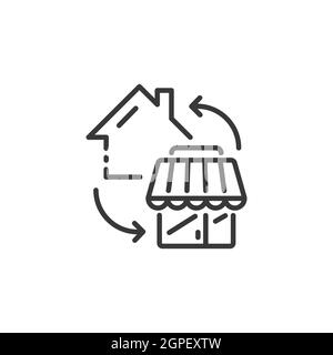 Casa e negozio icona linea sottile. Concetto di shopping domestico. Illustrazione vettoriale di commercio del profilo Illustrazione Vettoriale