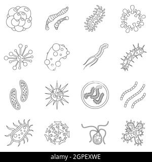 Batteri Virus set di icone di stile di contorno Illustrazione Vettoriale