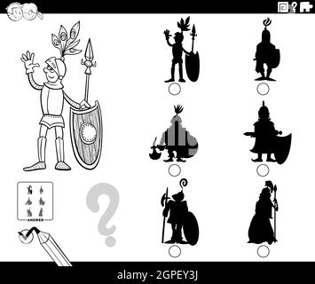 gioco di ombre con cartoon cavaliere personaggio colorare pagina libro Illustrazione Vettoriale