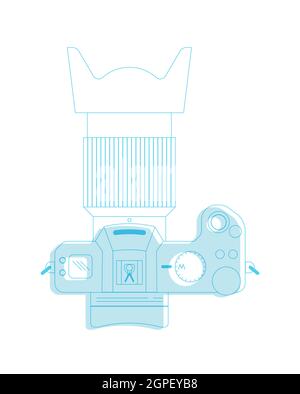 Fotocamera digitale con obiettivo e cappuccio, immagine concettuale - icona minimalista Illustrazione Vettoriale