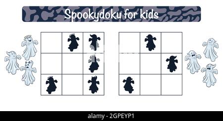 Gioco educativo di Spookydoku per i bambini. Sudoku con divertenti attività fantasma per i bambini. Rompicapo della scuola. Foglio di lavoro didattico. Vettore Premium Illustrazione Vettoriale