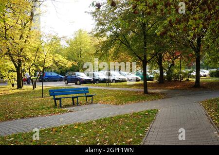 POZNAN, POLONIA - Ott 12, 2016: Una bella vista di un parco circondato da alberi d'oro a Poznan, Polonia Foto Stock