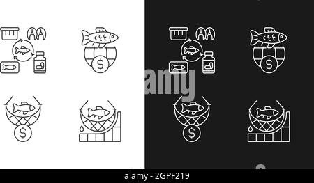 Icone lineari per la produzione e la commercializzazione di prodotti ittici impostate per la modalità buio e luce Illustrazione Vettoriale