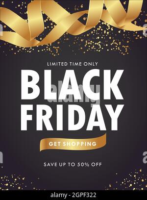 Black Friday vendita di lusso sfondo banner con decorazione a confetti dorati, elementi vettoriali promo design. Illustrazione Vettoriale