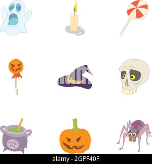 Icone di Halloween set, stile cartoon Illustrazione Vettoriale