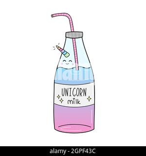 Icona dell'illustrazione del vettore delle bevande al latte Unicorn. Doodle Cartoon disegnata a mano con contorno bottiglia di vetro unicorno nei colori rosa, giallo, viola e blu. Isolato Foto Stock