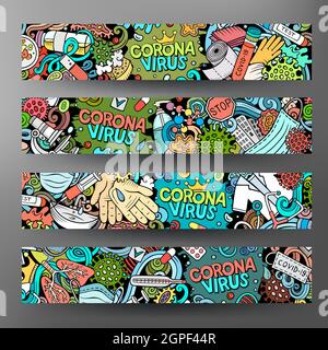 Cartoon carino Doodles Coronavirus banner orizzontali set Illustrazione Vettoriale