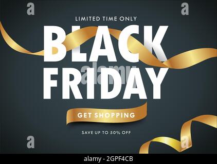 Sfondo banner vendita Black Friday con decorazioni in confetti dorati, elementi vettoriali promo design. Illustrazione Vettoriale