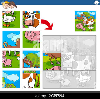 gioco di puzzle con divertenti personaggi animali fattoria Illustrazione Vettoriale