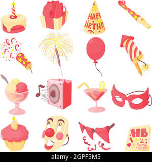 Buon compleanno set di icone, stile cartoon Illustrazione Vettoriale