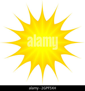 Sole o Sunshine con raggi spiky come vettore su uno sfondo bianco isolato in diversi colori gialli Illustrazione Vettoriale