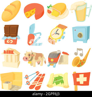 Switzerland Travel set di icone, stile cartoon Illustrazione Vettoriale