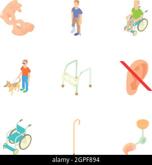 Disabili set di icone, stile cartoon Illustrazione Vettoriale