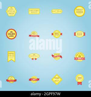 Etichetta di set di icone, stile cartoon Illustrazione Vettoriale