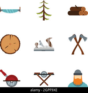 Tagliare gli alberi set di icone di stile di Piana Illustrazione Vettoriale