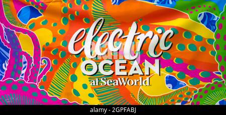 Orlando, Florida. Settembre 03, 2021. Cartello colorato Oceano elettrico al Seaworld (4) Foto Stock