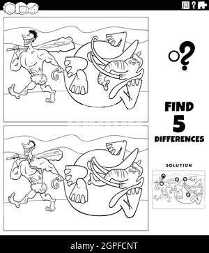 gioco di differenze con caveman e mammoth colorare pagina del libro Illustrazione Vettoriale