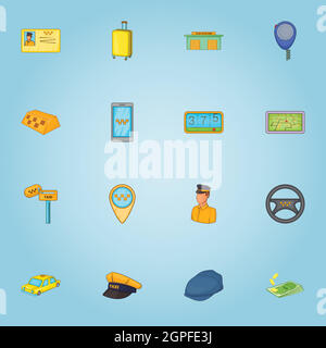 Taxi set di icone, stile cartoon Illustrazione Vettoriale