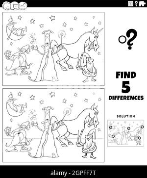 gioco di differenze con fantasy personaggi pagina libro a colori Illustrazione Vettoriale