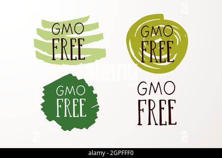 Badge e etichette disegnati a mano con vegetariano, vegano, crudo, eco, bio, Naturale, fresco, senza glutine e OGM dieta. Set di elementi alimentari biologici Illustrazione Vettoriale