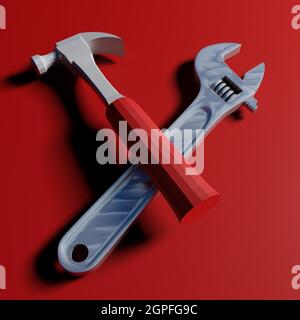 Icona martello e chiave su sfondo rosso pulito - illustrazione del rendering 3D Foto Stock