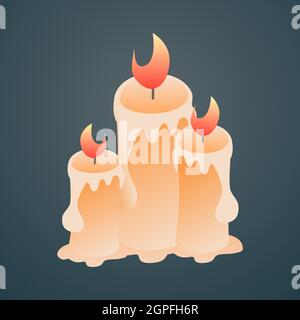 Gruppo di tre candele accese arancioni. Sfondo rimovibile. Banner di vendita, pubblicità o inviti a feste di Natale o Halloween. Illustrazione Vettoriale