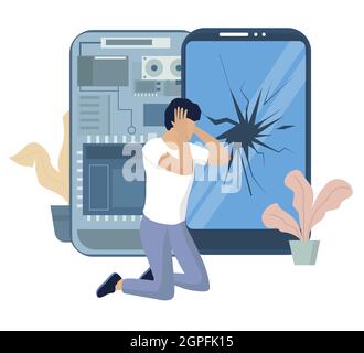 L'uomo sconvolto a causa del suo telefono cellulare rotto schermo, illustrazione vettoriale. Vetro dello smartphone rotto, schermo danneggiato. Illustrazione Vettoriale