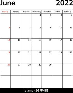 Pagine mensili del pianificatore 2022. Pagina del calendario del mese di giugno. Modello di vettore di pianificazione dell'agenda elettronica. Calendario aziendale tavolo da parete. La settimana inizia Illustrazione Vettoriale