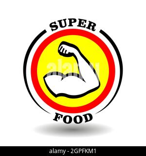 Logo rotondo creativo Super Food con muscolo uomo braccio icona, forte spalla segno, atletico uomo mano pittogramma per il pasto sano simbolo, sport nutrizione l Illustrazione Vettoriale